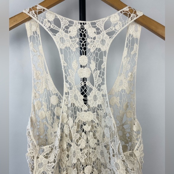 Cream Ivory Open Knit Floral Boho Racerback Tank Top - Picture 3 of 6